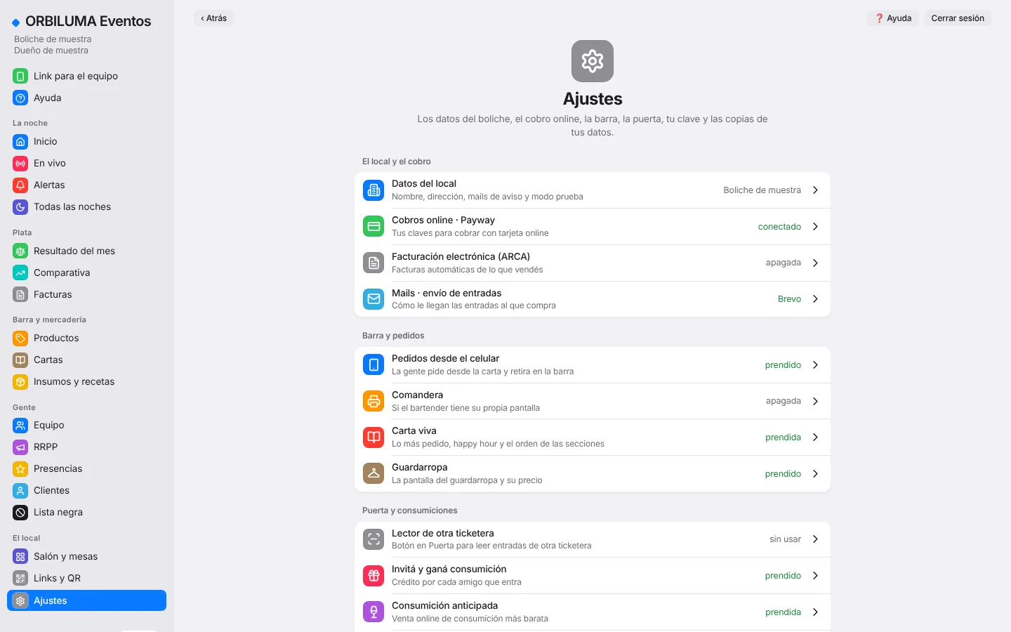 Pantalla del sistema: Ajustes