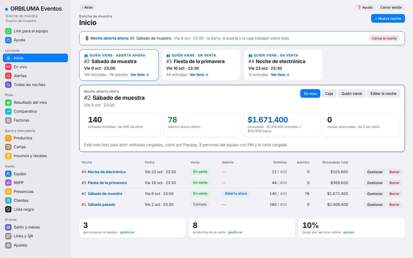 Pantalla del sistema: Eventos · Panel del dueño